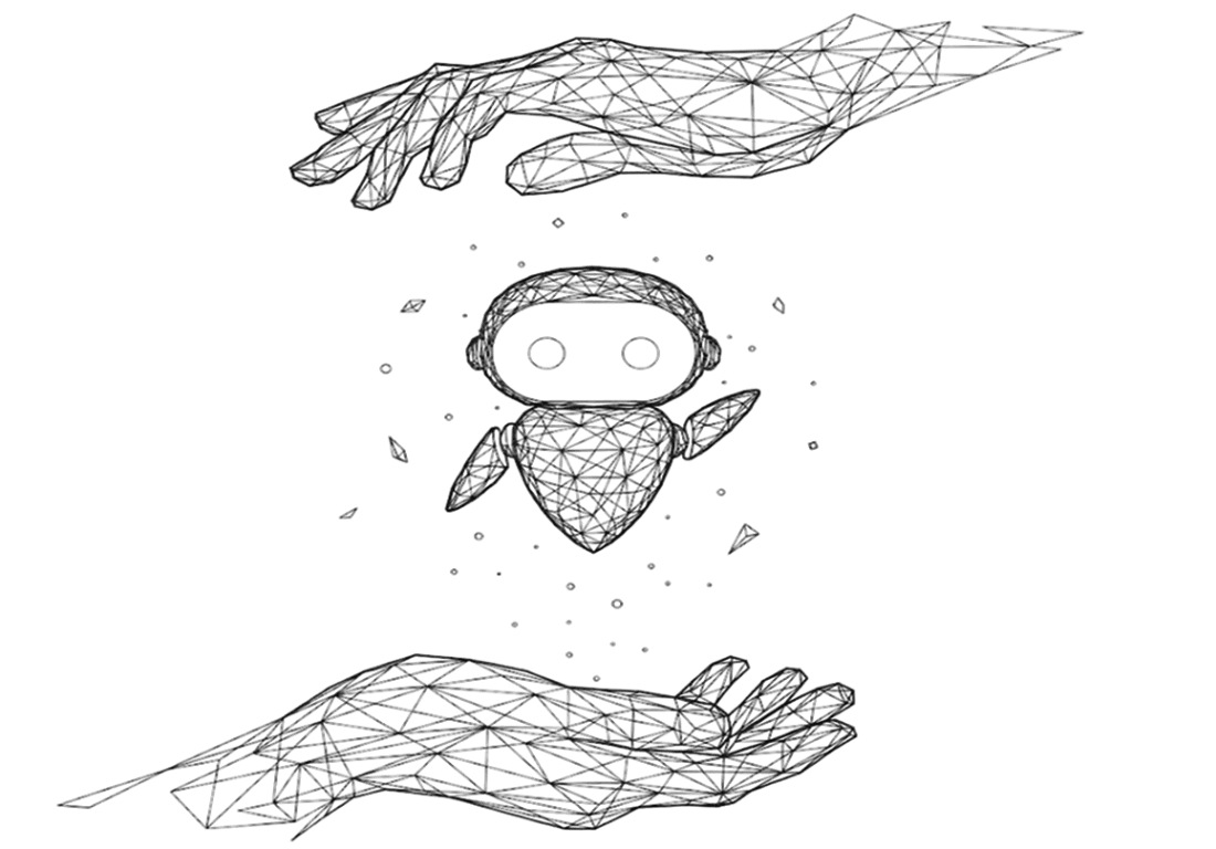A wireframe illustration of an AI robot held between two hands